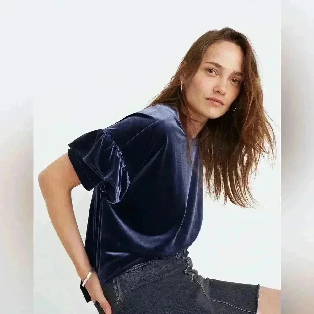 MADEWELL Women’s XS Blue Velvet Ruffle-Sleeve Tee
